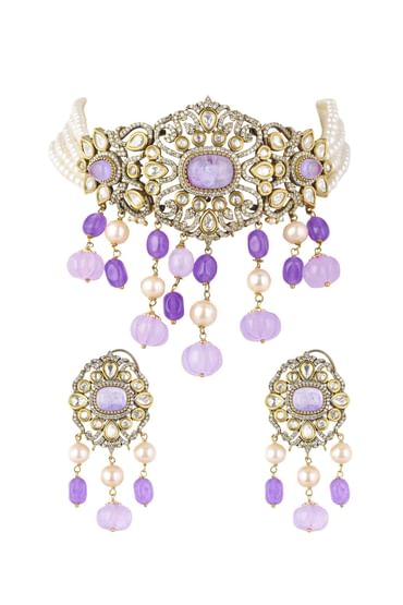 Two Tone Finish Kundan Choker Set In Mix Metal