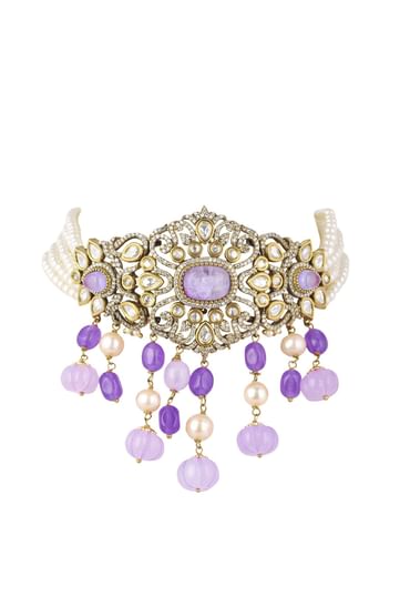 Two Tone Finish Kundan Choker Set In Mix Metal
