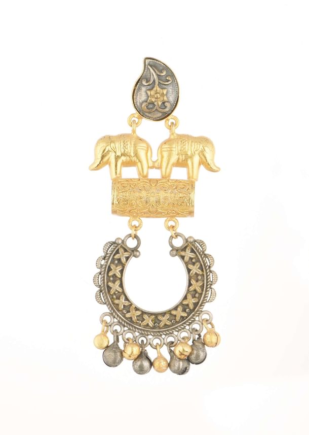 Two-Tone Silver Finish Oxidised Chandbalis In Fusion Style Two-Tone Silver Finish Oxidised Chandbalis In Fusion Style