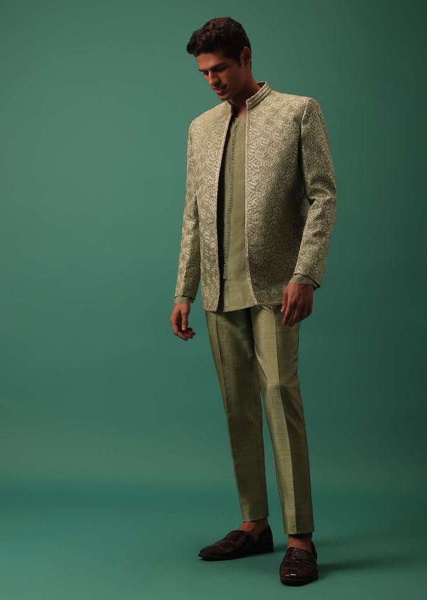 Green Foil Embroidered Jodhpuri Jacket Set With Detailed Organza Kurta Green Foil Embroidered Jodhpuri Jacket Set With Detailed Organza Kurta