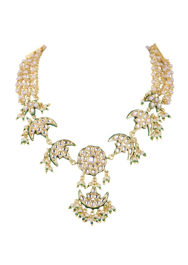 Gold Finish Green Kundan Necklace Set With Beads And Pearls Gold Finish Green Kundan Necklace Set With Beads And Pearls