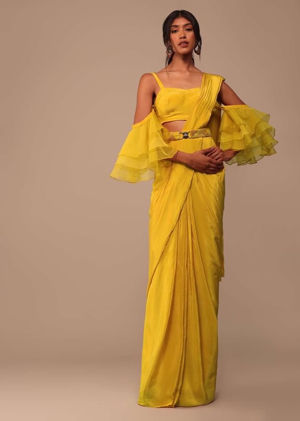 Mustard Yellow Crepe Saree With Ruffle Layered Blouse And Embroidered Belt Mustard Yellow Crepe Saree With Ruffle Layered Blouse And Embroidered Belt