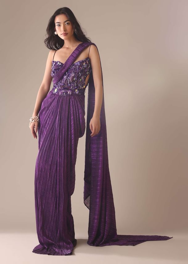 Dark Purple Heavy Embroidered Saree In Crushed Shimmer
