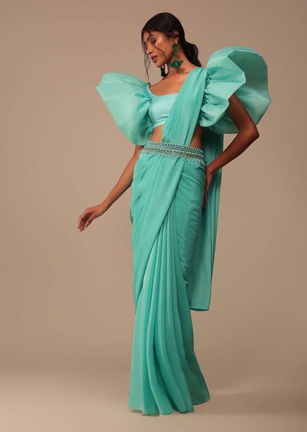 Aqua Blue Crepe Saree With Fancy Sleeves Organza Blouse Aqua Blue Crepe Saree With Fancy Sleeves Organza Blouse