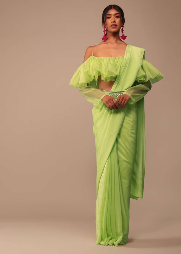 Fern Green Crepe Saree With Organza Frilled Blouse Fern Green Crepe Saree With Organza Frilled Blouse