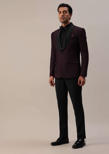 Plum Purple Stone Studded Tuxedo Set In Polyester