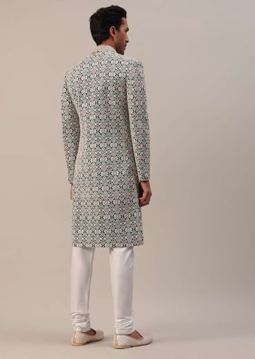 Teal Green Embroidered Sherwani Set With Layered Mala