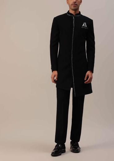 Black Cut Dana Embroidered Indowestern In Suiting Fabric