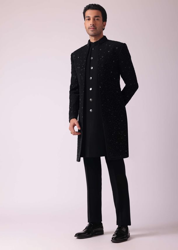 Black Patterned Indowestern Set In Suiting Fabric