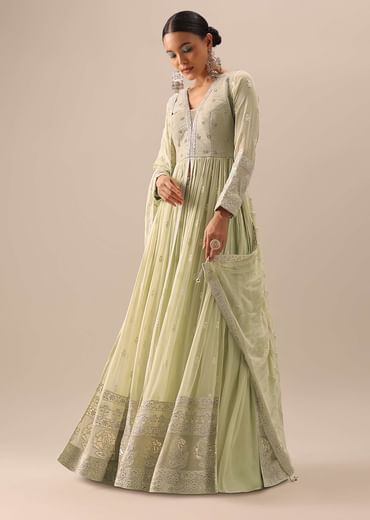 Green Anarkali And Lehenga Set With Lucknowi Work
