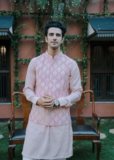 Pink Floral Bundi & Striped Kurta Set