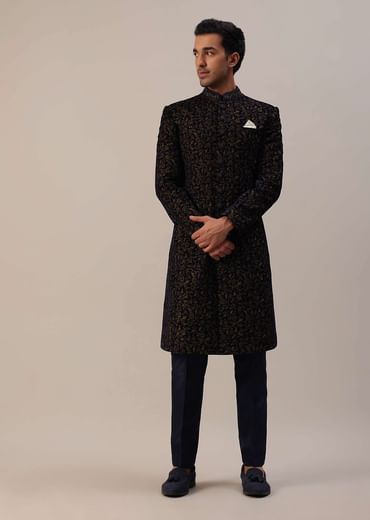 Persian Blue Floral Embroidered Sherwani Set In Velvet