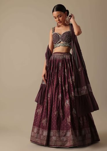 Wine Lehenga Set In Silk With Mirror Work