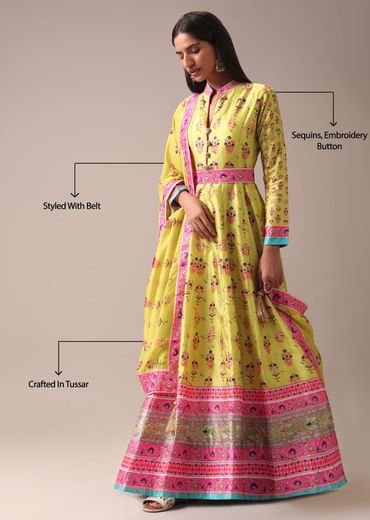 Green Floral Printed Anarkali Suit Set In Tussar Silk