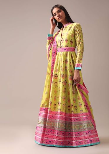 Green Floral Printed Anarkali Suit Set In Tussar Silk