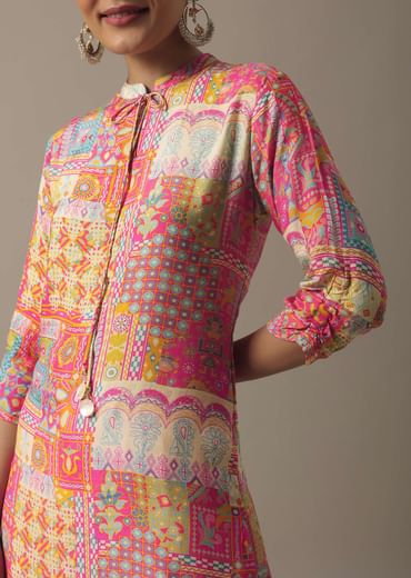 Pink Printed Kurta Set In Tussar Silk