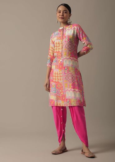 Pink Printed Kurta Set In Tussar Silk