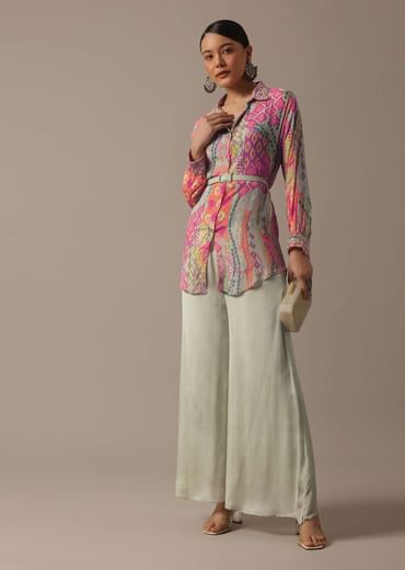 Green Floral Print Shirt And Palazzo Set With Belt