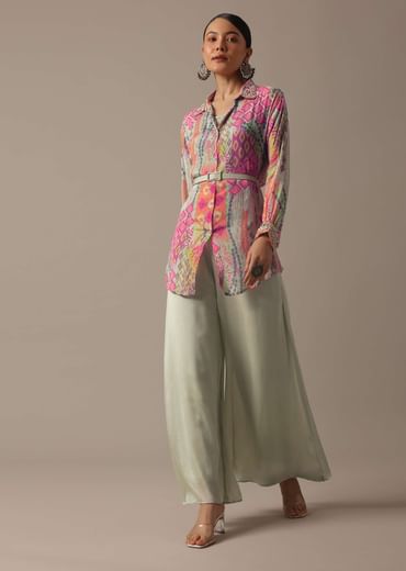 Green Floral Print Shirt And Palazzo Set With Belt