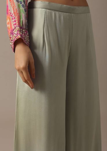 Green Floral Print Shirt And Palazzo Set With Belt