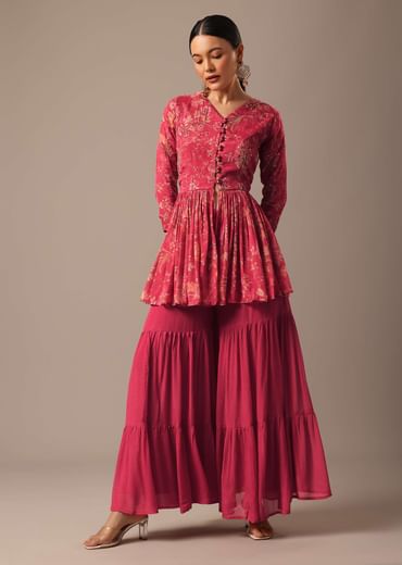 Red Floral Print Peplum Top And Sharara Set