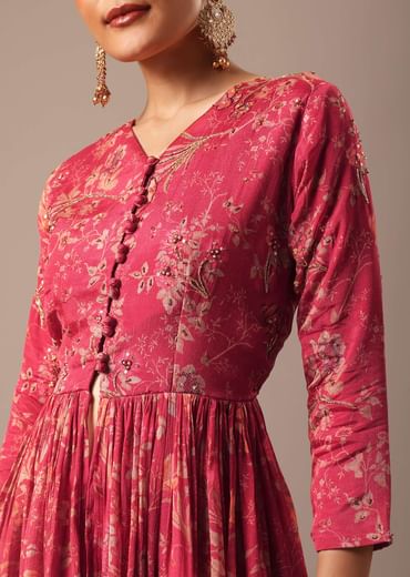 Red Floral Print Peplum Top And Sharara Set