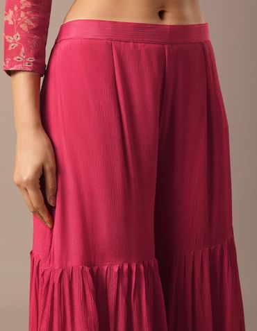 Red Floral Print Peplum Top And Sharara Set