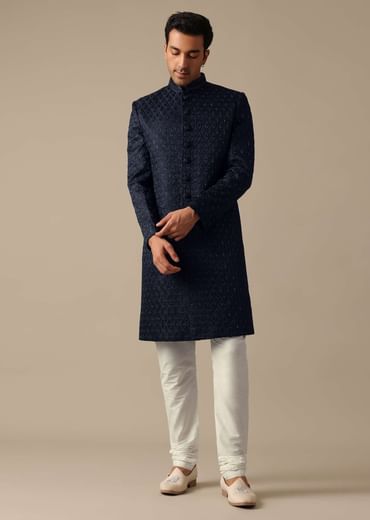 Navy Blue Jacquard Sherwani Set With Cutdana Embroidery