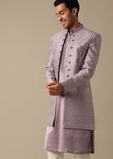 Purple Indo Fusion Sherwani Set In Satin Silk
