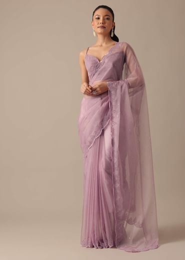 Purple Organza Saree with Embellished Border and Unstitched Blouse Piece