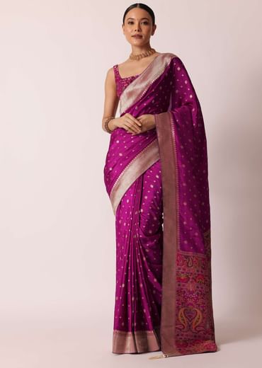 Purple Banarasi Silk Handloom Saree With Woven Motifs And Unstitched Blouse Piece