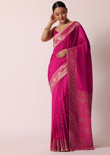 Rani Pink Banarasi Saree With Bandhani Buttis And Unstitched Blouse Piece