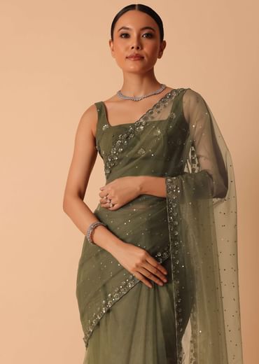 Green Net Saree With Sequin Work And Unstitched Blouse Piece