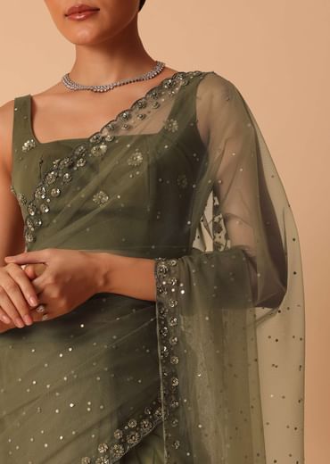 Green Net Saree With Sequin Work And Unstitched Blouse Piece