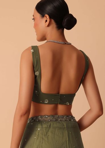 Green Net Saree With Sequin Work And Unstitched Blouse Piece