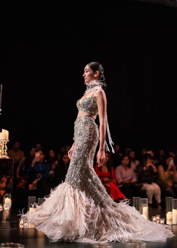 Tara Sutaria in Beige Lehenga With 3D Feathers And Choker Dupatta