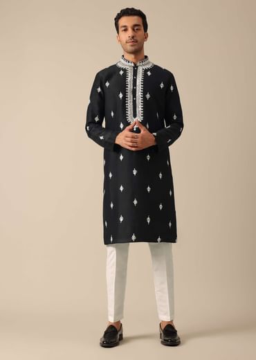 Black Embroidered Kurta Set In Silk