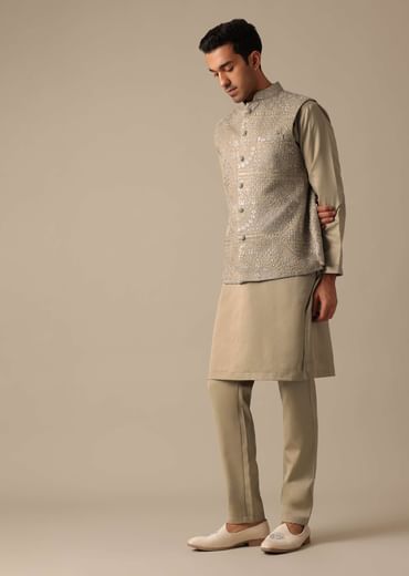 Green Silk Jacket And Kurta Set