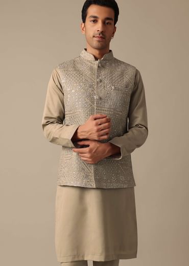 Green Silk Jacket And Kurta Set