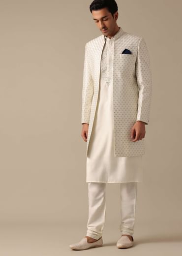 White Mirror Embellished Sherwani Set