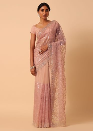 Peach Organza Saree With Cutdana Work And Unstitched Blouse Piece