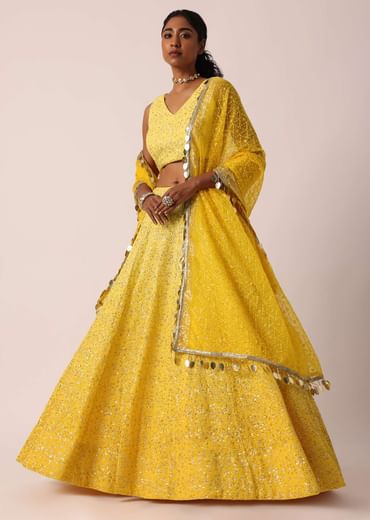 Yellow Net Lehenga Set With Lucknowi Work