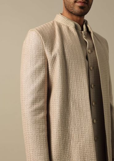 Beige Textured Indowestern Set for Grooms