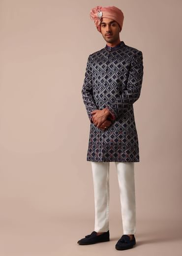 Royal Blue Silk Sherwani With Intricate Neckline Embroidery