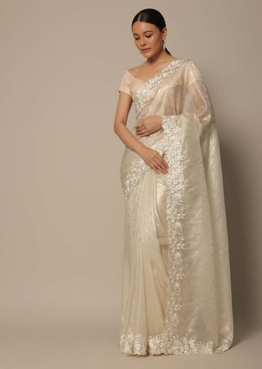 White Satin Saree With Floral Motif Thread Work And Unstitched Blouse Piece