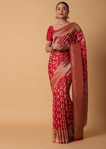 Red Satin Organza Saree With Moroccan Jaal Weave And Unstitched Blouse Piece