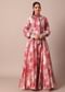 Classic Red Crepe Printed Gown With Embroidered Sleeves