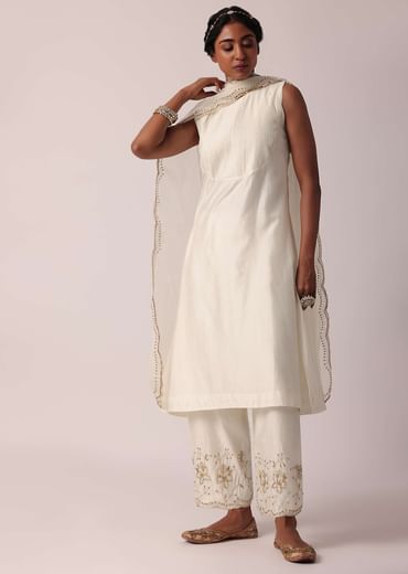 White Chanderi Pant Set With A-Line Kurta