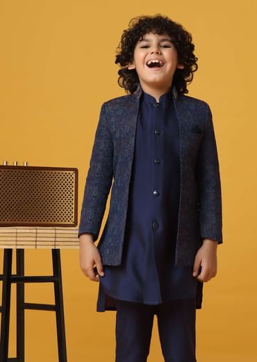 Navy Blue Silk Sherwani Set For Boys