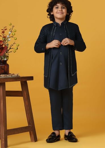 Royal Blue Silk Sherwani Set For Boys